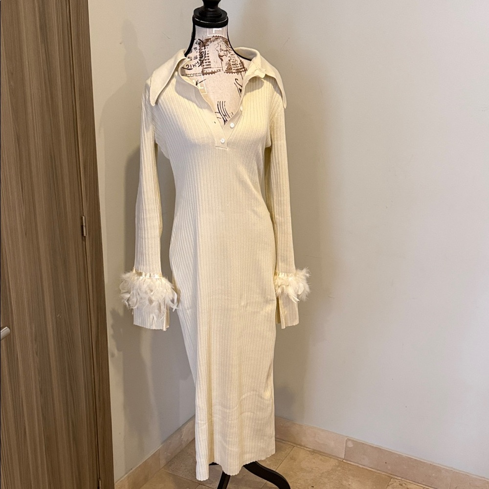 SHEIN Cream Midi Dress with Feather Cuffs